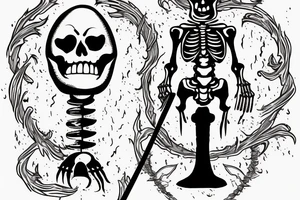 A skeleton standing upright holding a burning torch. Several swords are piercing through his body and limbs. tattoo idea