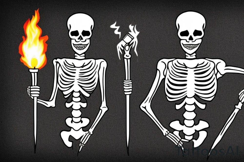 A skeleton standing upright holding a burning torch. Several swords are piercing through his body and limbs. tattoo idea