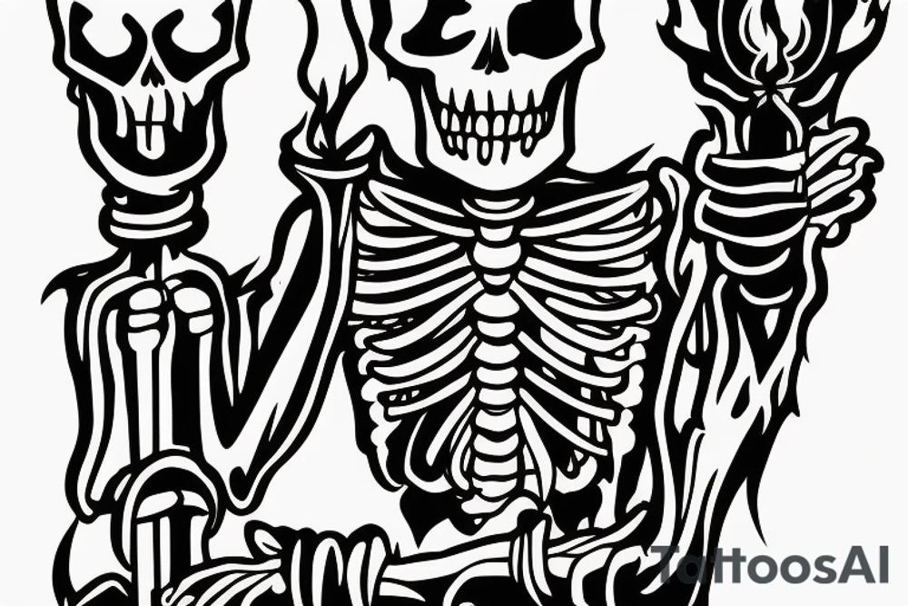 A skeleton standing upright holding a burning torch. Several swords are piercing through his body and limbs. tattoo idea