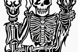 A skeleton standing upright holding a burning torch. Several swords are piercing through his body and limbs. tattoo idea