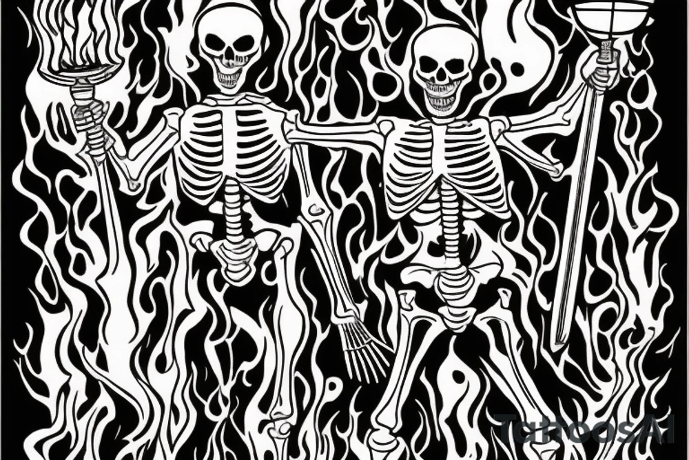 A skeleton standing upright holding a burning torch. Several swords are piercing through his body and limbs. tattoo idea