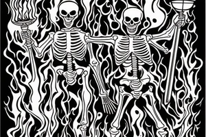 A skeleton standing upright holding a burning torch. Several swords are piercing through his body and limbs. tattoo idea