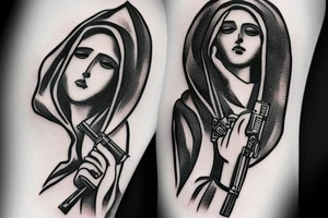 Virgin Mary holding a gun whilst smoke is all around her tattoo idea