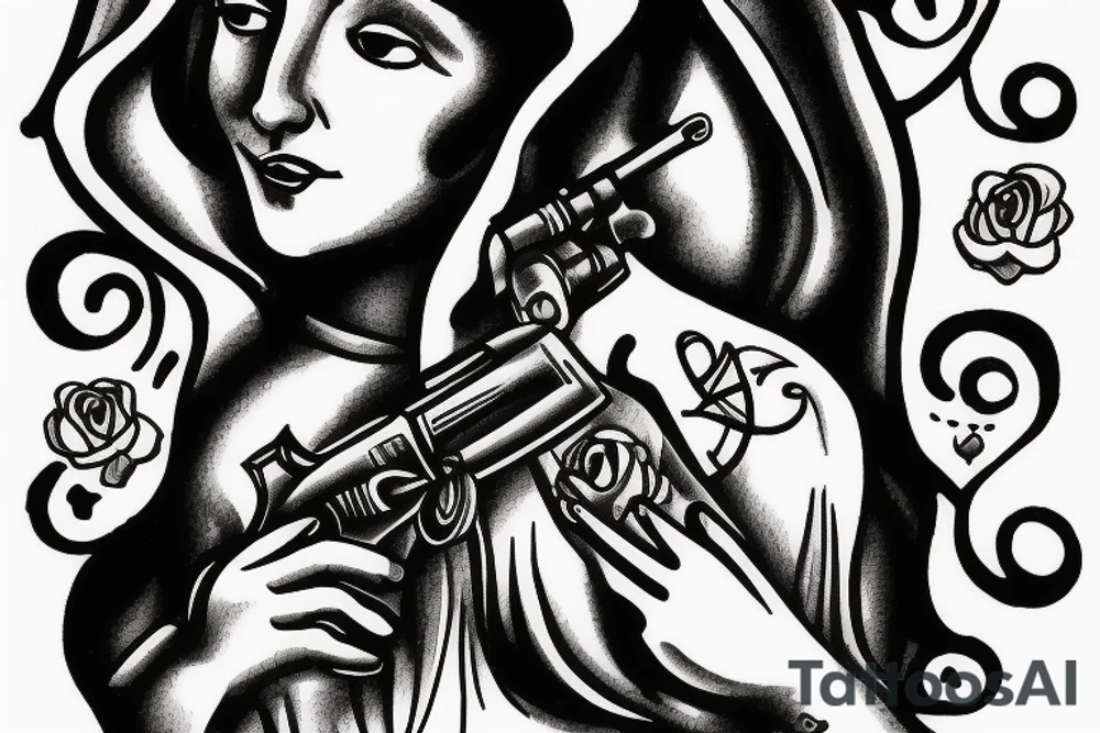 Virgin Mary holding a gun whilst smoke is all around her tattoo idea