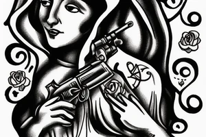 Virgin Mary holding a gun whilst smoke is all around her tattoo idea