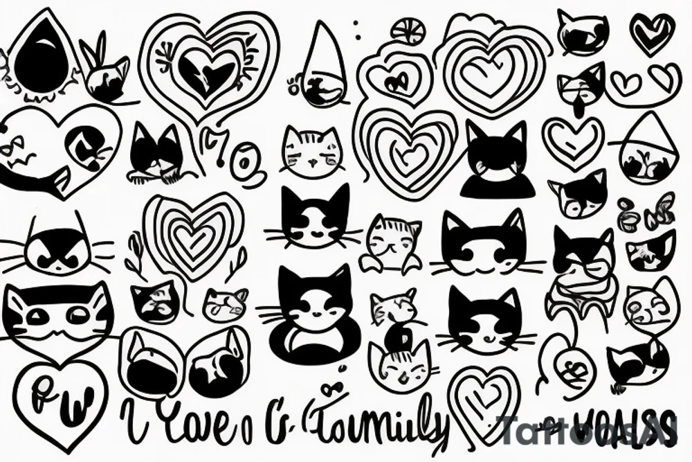 family, two cats, two children and a loving wife, combine the whole world and all-embracing love for your family into one drawing tattoo idea