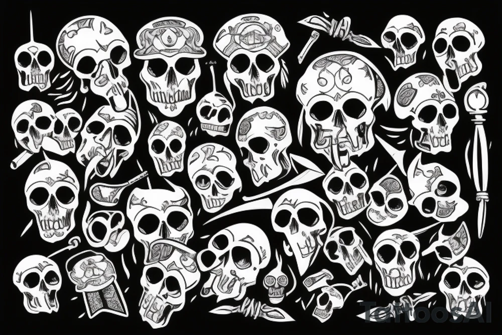 sleeve with skulls, knives, ship and torch tattoo idea