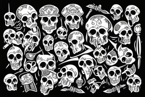 sleeve with skulls, knives, ship and torch tattoo idea