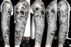 sleeve with skulls, knives, ship and torch tattoo idea