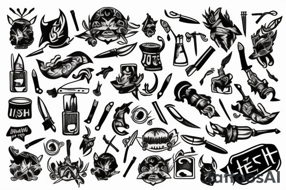 sleeve with knives, ship and torch tattoo idea