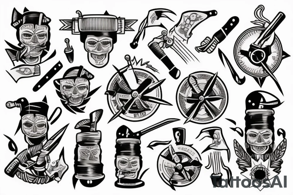 sleeve with knives, ship and torch tattoo idea