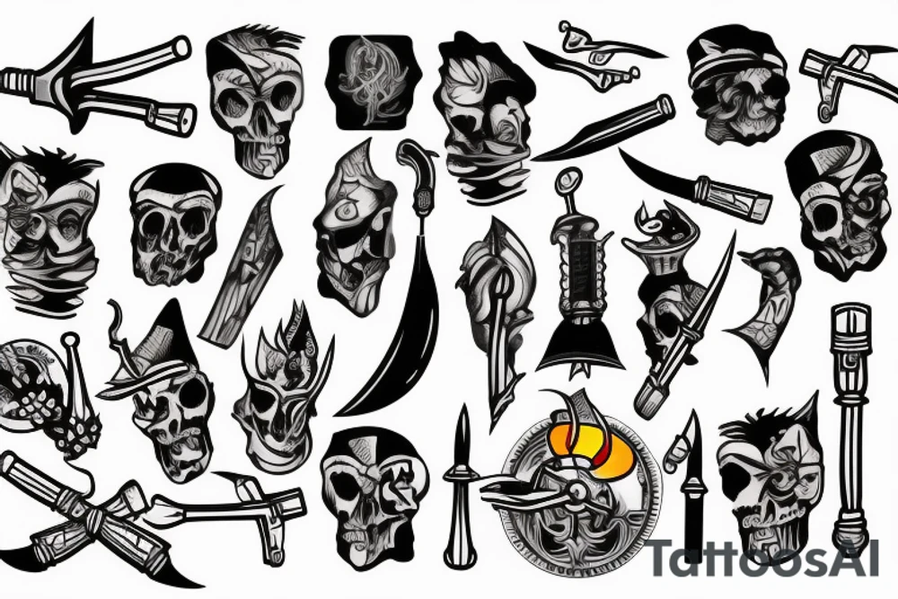 sleeve with knives, ship and torch tattoo idea