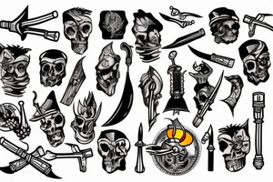 sleeve with knives, ship and torch tattoo idea