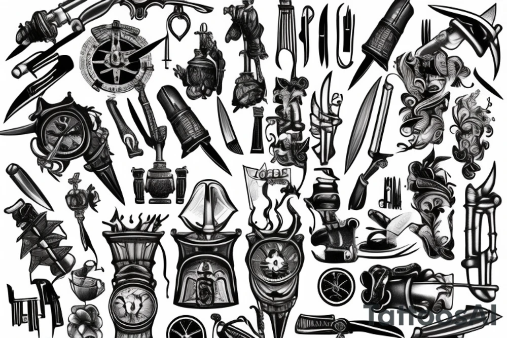 sleeve with knives, ship and torch tattoo idea