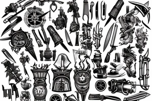 sleeve with knives, ship and torch tattoo idea