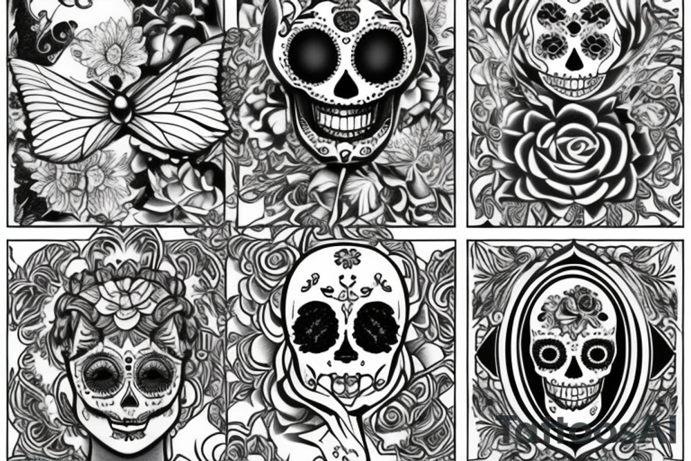 Fairy in a moon with a lotus flower, sugar skull and butterflies underneath tattoo idea