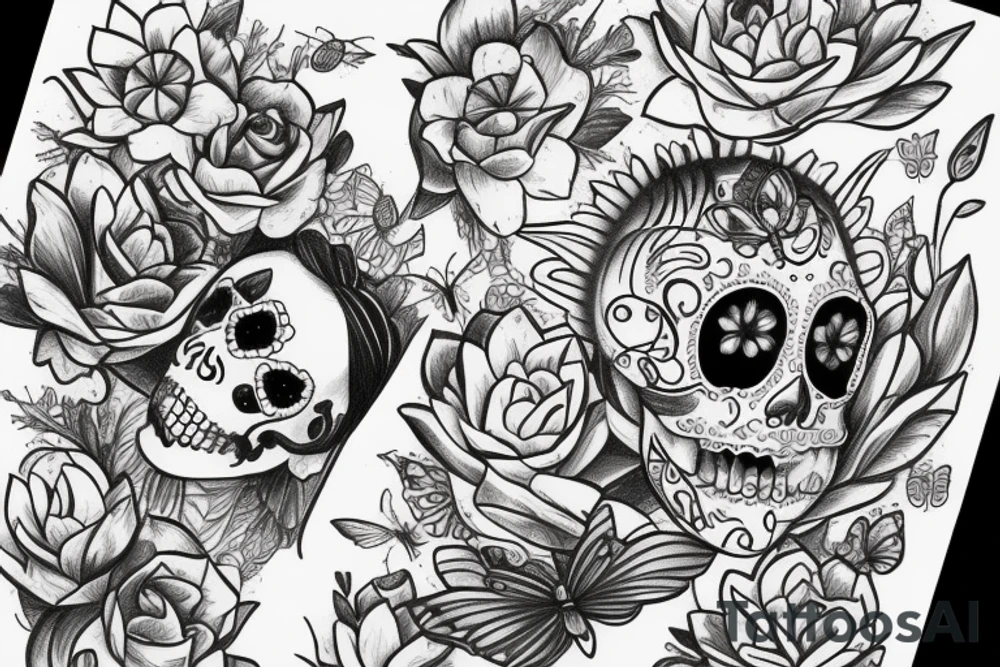 Fairy in a moon with a lotus flower, sugar skull and butterflies underneath tattoo idea