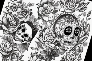 Fairy in a moon with a lotus flower, sugar skull and butterflies underneath tattoo idea