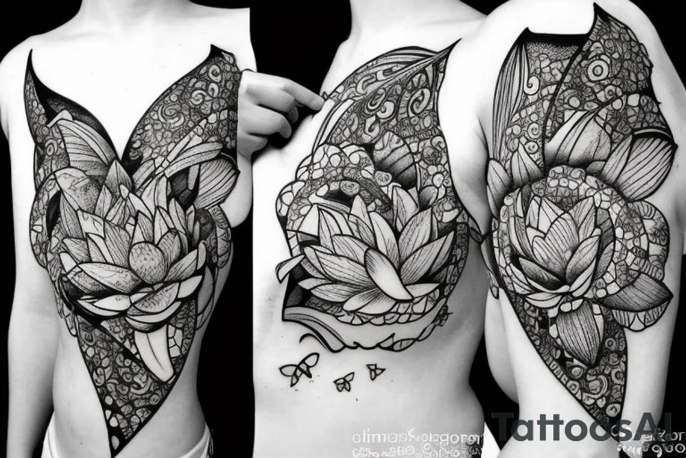 Fairy in a moon with a lotus flower, and butterflies tattoo idea