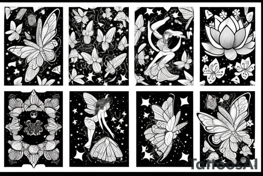 Fairy in a moon with a lotus flower, and butterflies tattoo idea