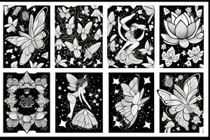 Fairy in a moon with a lotus flower, and butterflies tattoo idea