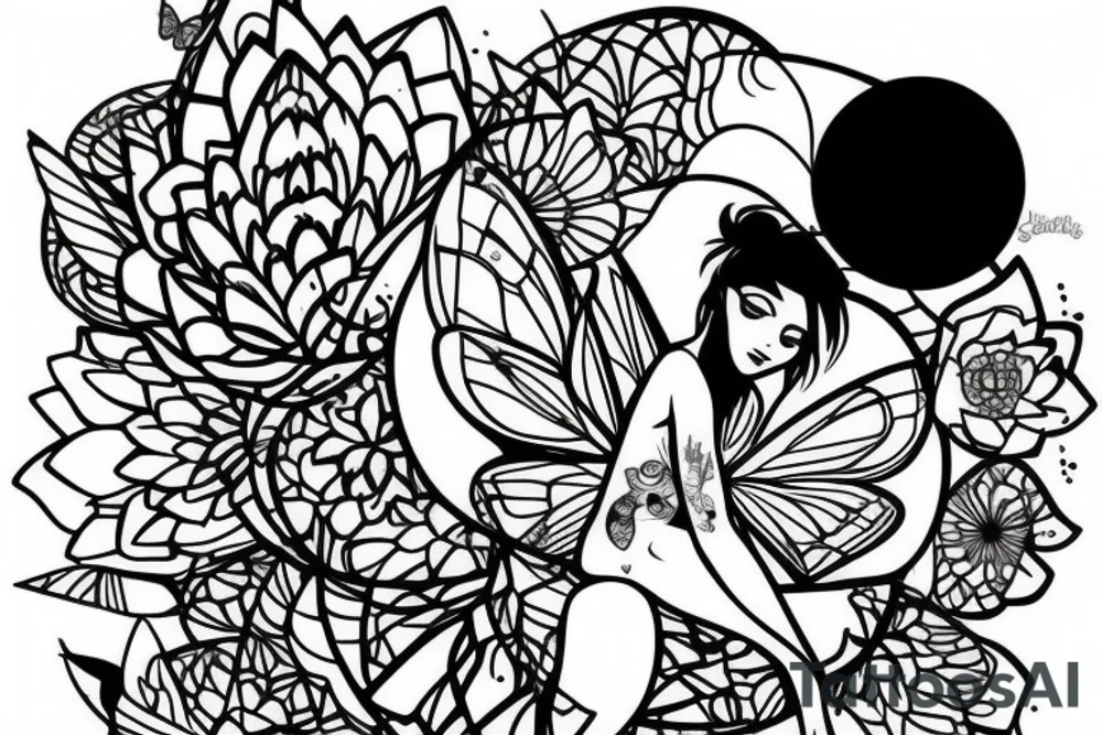 Fairy in a moon with a lotus flower, and butterflies tattoo idea