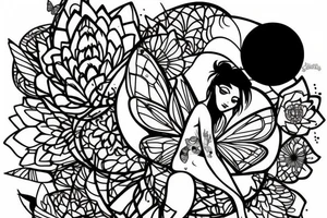 Fairy in a moon with a lotus flower, and butterflies tattoo idea