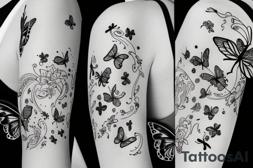 Floral half sleeve sketch with fairy, butterfly’s and moon tattoo idea
