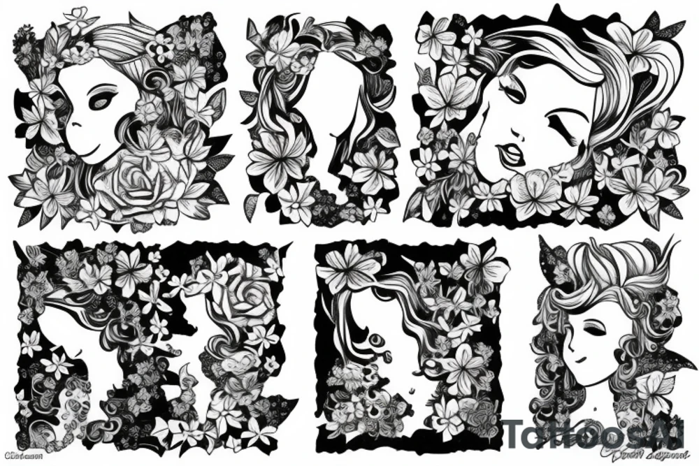 Floral half sleeve sketch with fairy, butterfly’s and moon tattoo idea