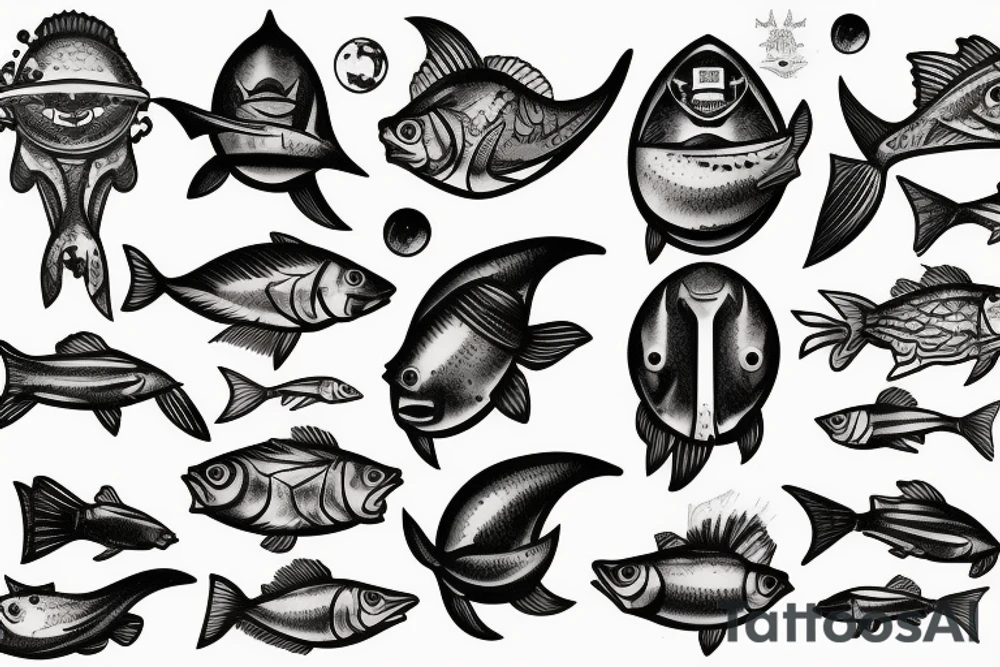 fish head fishermen on the moon tattoo idea