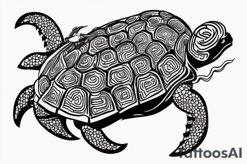 Samurai riding a turtle, his hair developing forward tattoo idea