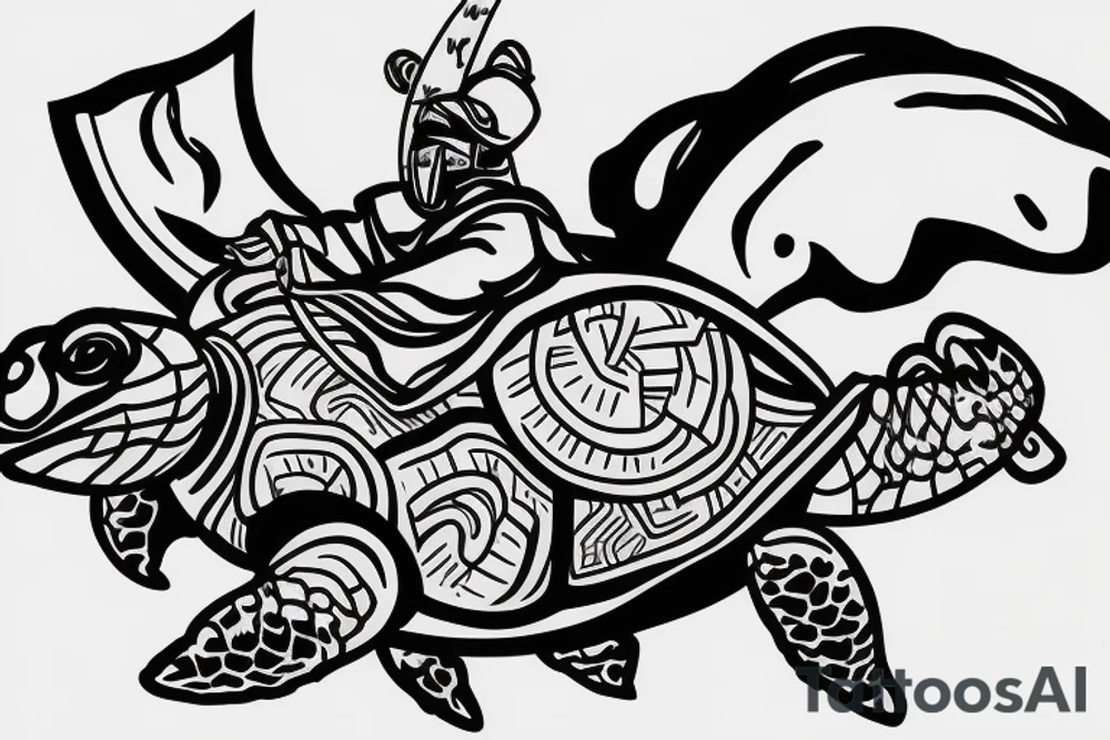 Samurai riding a turtle, his hair developing forward tattoo idea