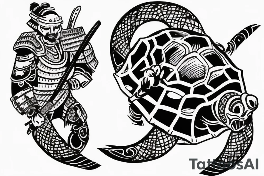 Samurai riding a turtle, his hair developing forward tattoo idea