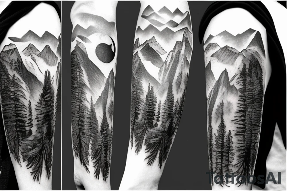 Angel wing with mountain landscape, a wolf, and California tattoo idea