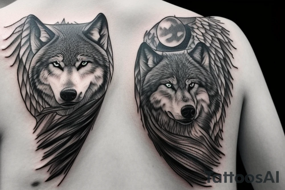 Angel wing with mountain landscape, a wolf, and California tattoo idea