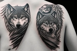 Angel wing with mountain landscape, a wolf, and California tattoo idea