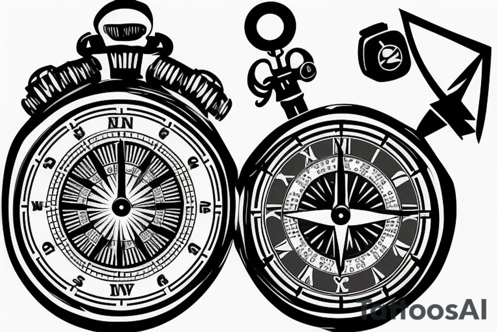 a clock watch mashed with a compass, include bicep emoji with words Family tattoo idea