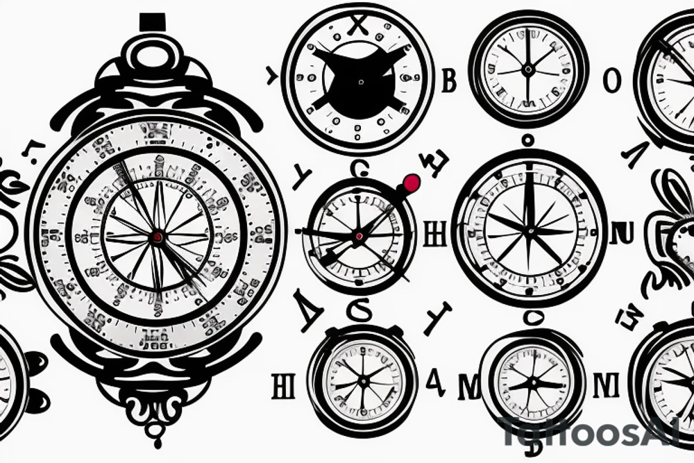 a clock watch with a compass, with a bicep emoji with written words Family tattoo idea