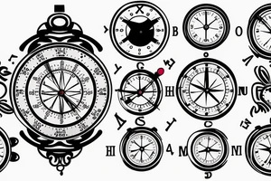 a clock watch with a compass, with a bicep emoji with written words Family tattoo idea