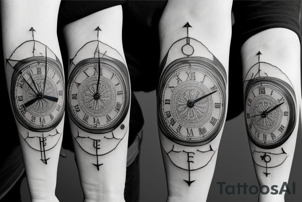 a clock watch with a compass, with a bicep emoji with written words Family tattoo idea