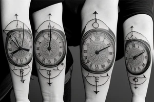 a clock watch with a compass, with a bicep emoji with written words Family tattoo idea