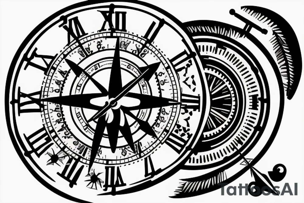 a clock watch with a compass, with a bicep emoji with written words Family tattoo idea