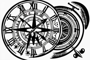 a clock watch with a compass, with a bicep emoji with written words Family tattoo idea