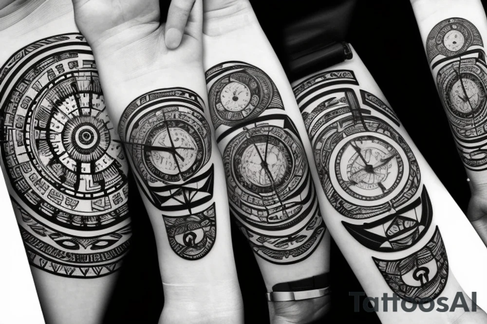a clock watch with a compass, with a bicep emoji with written words Family tattoo idea