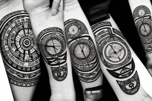 a clock watch with a compass, with a bicep emoji with written words Family tattoo idea