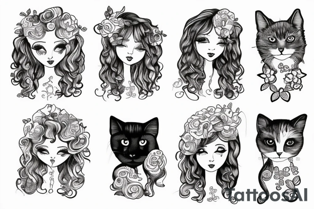A curly girl hugging a skuttish cat tattoo idea