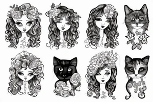 A curly girl hugging a skuttish cat tattoo idea