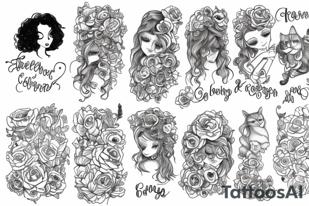 A curly girl hugging a skuttish cat tattoo idea