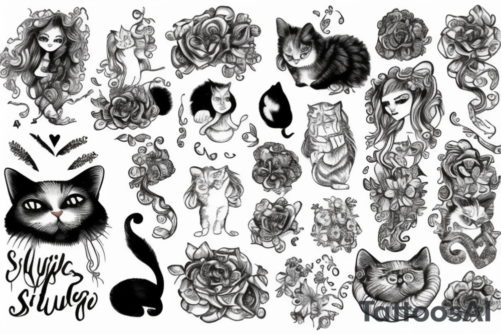 A curly girl hugging a skuttish cat tattoo idea