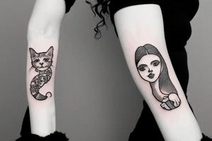 A curly girl hugging a skuttish cat tattoo idea